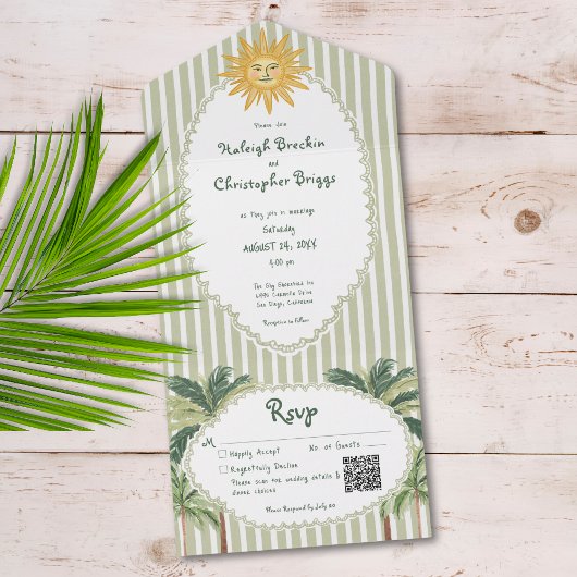 Coastal Chic Sun Palm Tree Wedding QR Code オールインワン招待状