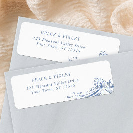 Coastal Chic Waves Blue Wedding Return Address ラベル