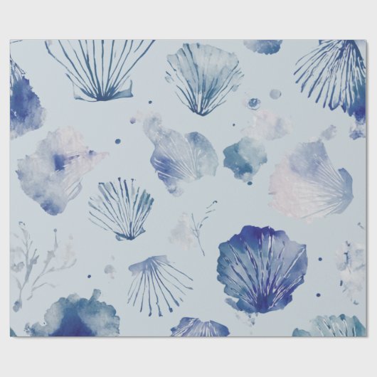 Coastal Christmas Blue Watercolor Seashells  ラッピングペーパー (フラット)
