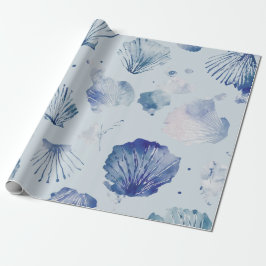 Coastal Christmas Blue Watercolor Seashells  ラッピングペーパー