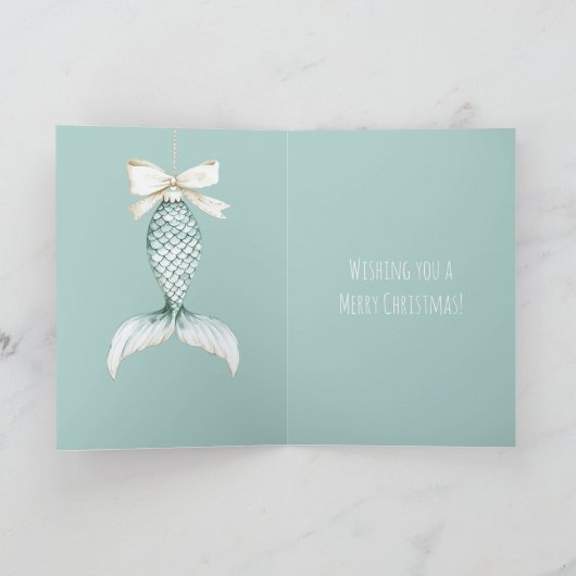 Coastal Christmas Mermaid Bow Blue Beach Ocean   カード (内部)