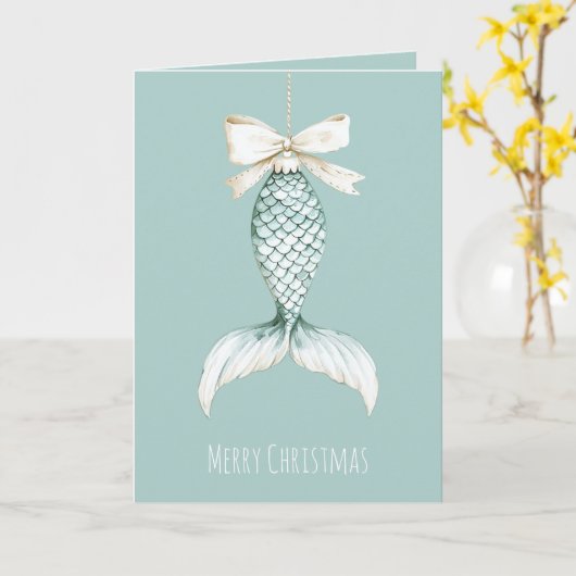 Coastal Christmas Mermaid Bow Blue Beach Ocean   カード (黄色い花)
