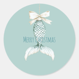 Coastal Christmas Mermaid Bow Blue Beach Ocean   ラウンドシール