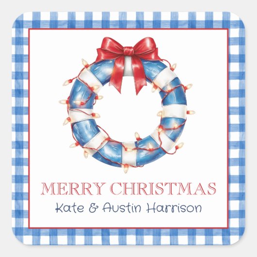 Coastal Christmas Nautical Life Preserver Wreath スクエアシール (正面)