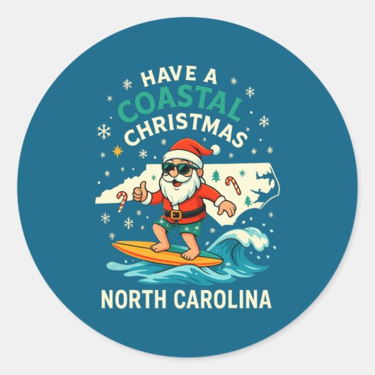 Coastal Christmas Nc Shirt Santa Surfing Funny Wav ラウンドシール (正面)