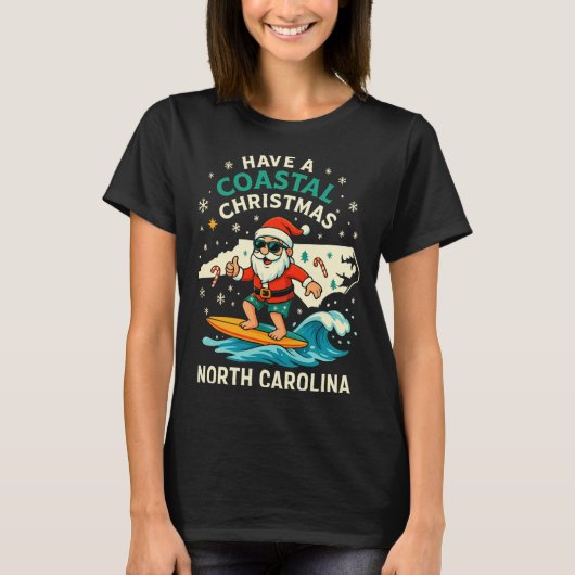 Coastal Christmas Nc Shirt Santa Surfing Funny Wav Tシャツ (正面)