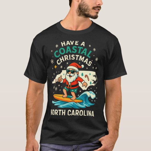 Coastal Christmas Nc Shirt Santa Surfing Funny Wav Tシャツ (正面)