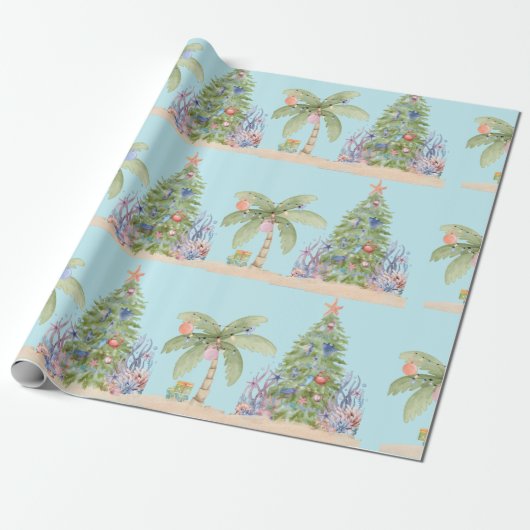 Coastal Christmas Palm Tree Gift Wrap – Ocean Holi ラッピングペーパー (アンロールド)
