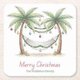 Coastal Christmas Palm Trees With Hammock スクエアペーパーコースター