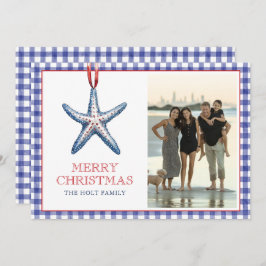 Coastal Christmas Starfish Ornament Gingham Photo シーズンカード