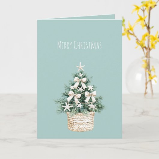 Coastal Christmas Tree Bows Blue Beach Ocean カード (黄色い花)