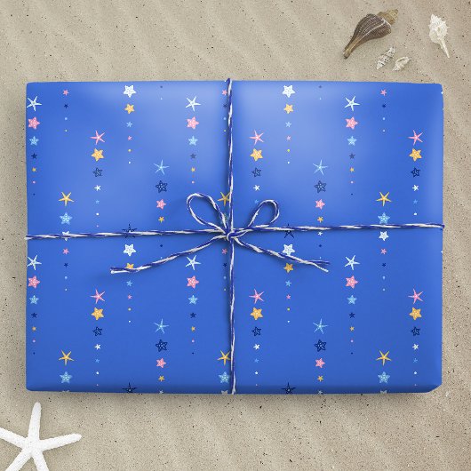 Coastal Cobalt Blue Starfish Stripes ラッピングペーパー