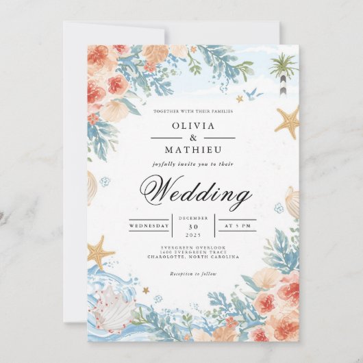 Coastal Coral Botanical Arch Wedding 招待状 (正面)