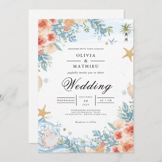 Coastal Coral Botanical Arch Wedding 招待状 (正面/裏面)
