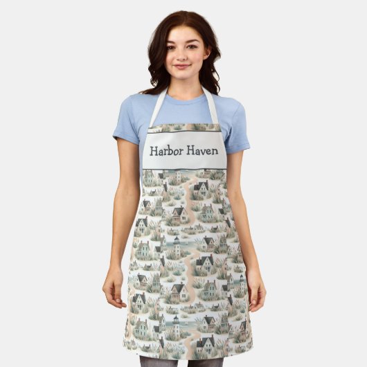 Coastal Cottage Lighthouse Pattern エプロン (着用した状態)
