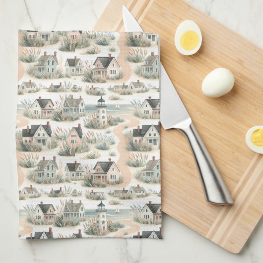 Coastal Cottage Lighthouse Pattern キッチンタオル (四つ折り)