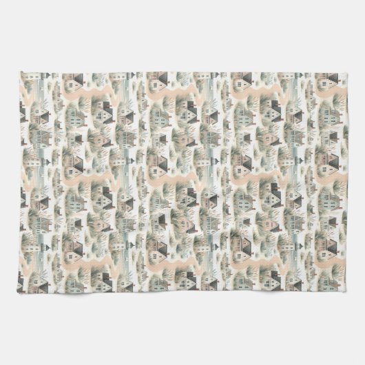 Coastal Cottage Lighthouse Pattern キッチンタオル (横)