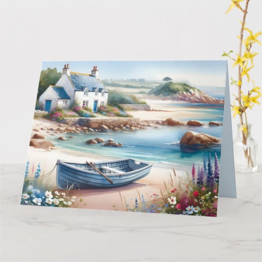 Coastal Cottage Seaside Rowboat Bloom カード (黄色い花)