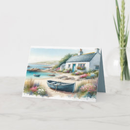 Coastal Cottage Watercolor Seaside Scene カード