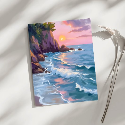Coastal Cotton Candy Sunset Watercolor Paint Card