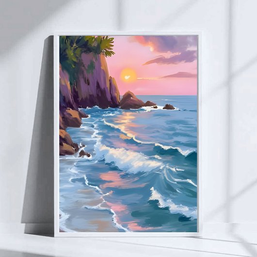 Coastal Cotton Candy Sunset Watercolor Painting ポスター