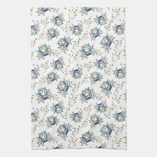 Coastal Crab Christmas Lights キッチンタオル (縦)