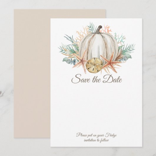 Coastal Fall Pumpkin & Seashells Save the Date 招待状 (正面/裏面)