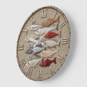 Coastal Fish  Nautical Beach House Rustic Fishing  ラージ壁時計 (傾斜)
