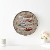 Coastal Fish  Nautical Beach House Rustic Fishing  ラージ壁時計 (ホーム)