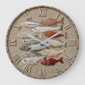 Coastal Fish Nautical Beach House Rustic Fishing ラージ壁時計 (正面)