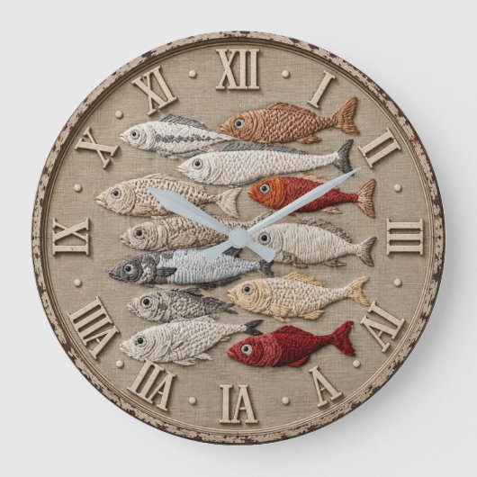 Coastal Fish  Nautical Beach House Rustic Fishing  ラージ壁時計 (正面)