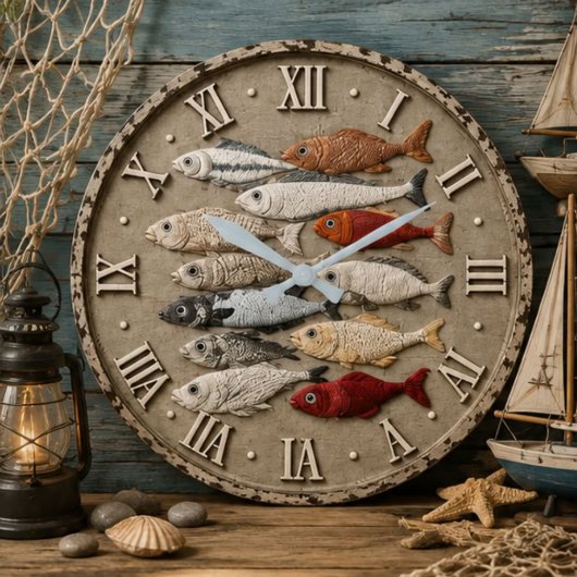 Coastal Fish Nautical Beach House Rustic Fishing ラージ壁時計