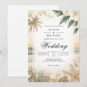 Coastal Floral Beach Romance Wedding 招待状 (正面/裏面)