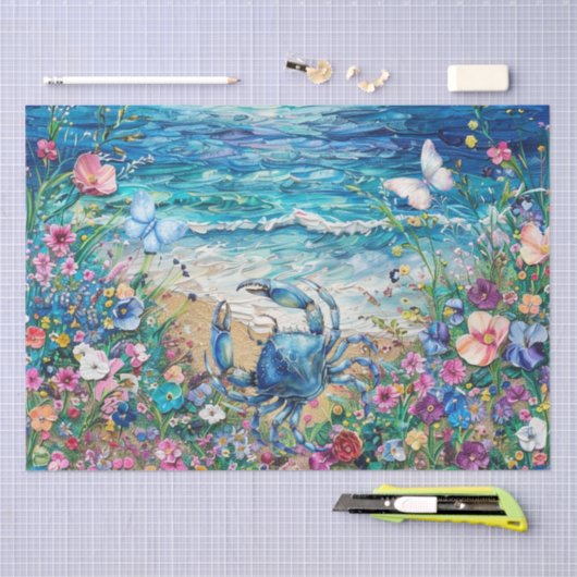 Coastal Floral Blue Crab & Butterflies Decoupage  薄葉紙 (クラフト)