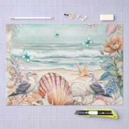 Coastal Floral Seagulls & Seashells Decoupage  薄葉紙