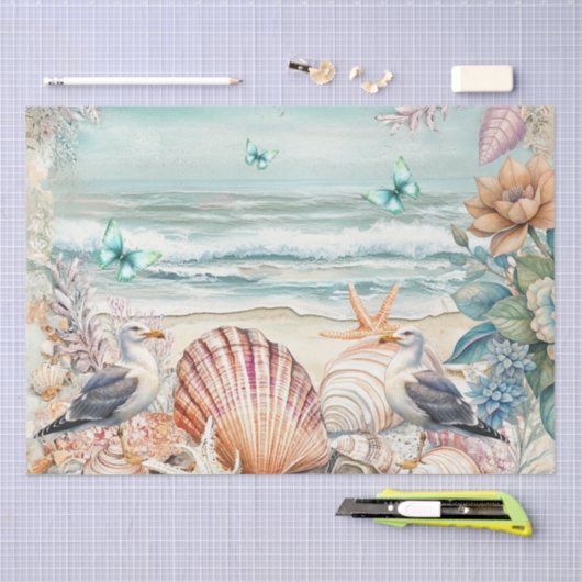 Coastal Floral Seagulls & Seashells Decoupage  薄葉紙 (クラフト)