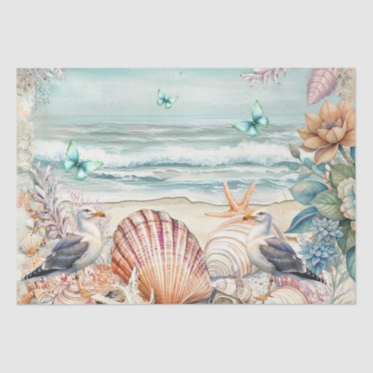 Coastal Floral Seagulls & Seashells Decoupage  薄葉紙 (正面)