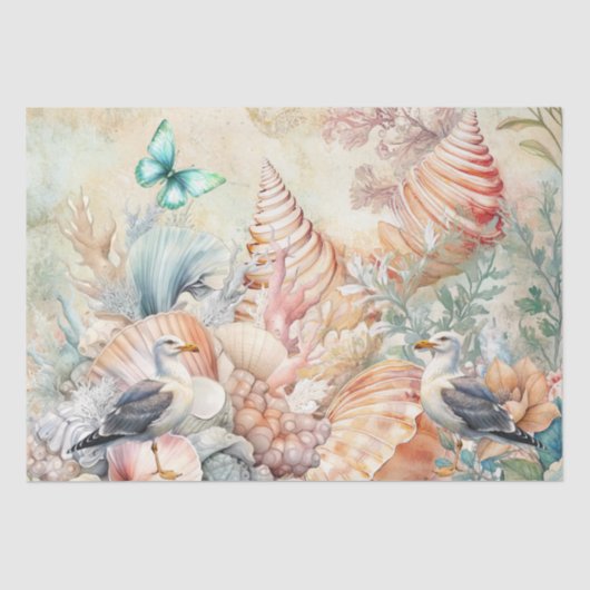 Coastal Floral Seagulls & Seashells Decoupage 薄葉紙 (正面)