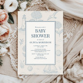 Coastal French Toile Blue Floral Baby Shower 招待状