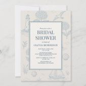 Coastal French Toile Blue Floral Bridal Shower 招待状 (正面)