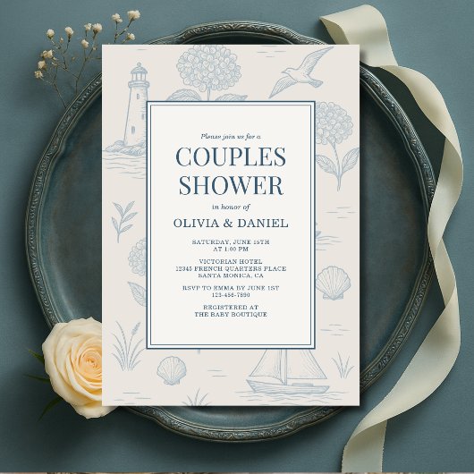 Coastal French Toile Blue Floral Couples Shower 招待状