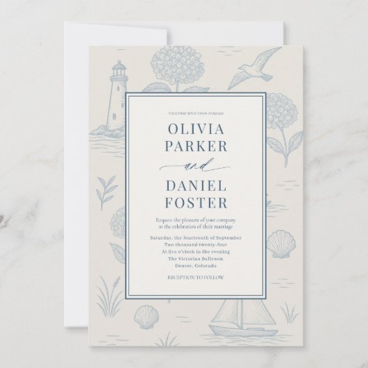 Coastal French Toile Blue Floral Wedding 招待状 (正面)