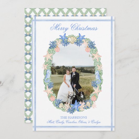 Coastal Grandmillennial Christmas Seashell 3写真 シーズンカード (正面/裏面)