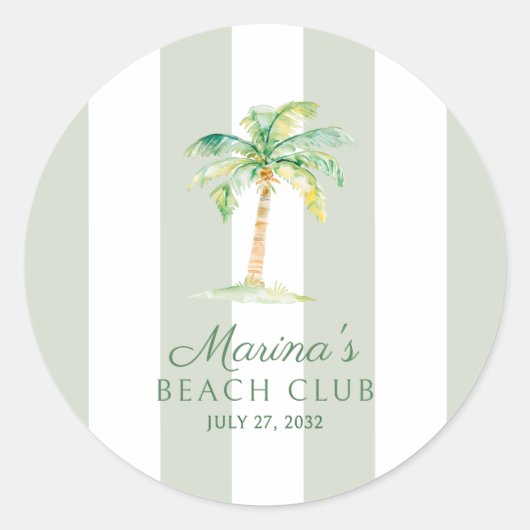 Coastal Green Cabana Stripes Palm Beach Club ラウンドシール (正面)