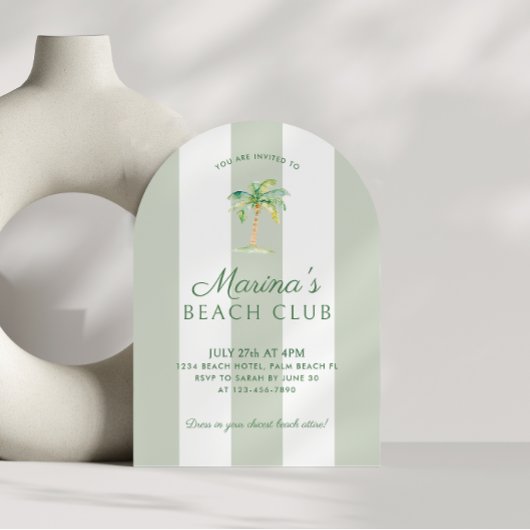 Coastal Green Stripes Palm Beach Birthday Arch 招待状