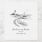 Coastal Hand Drawn Black & White Wedding ワインラベル (シングルラベル)