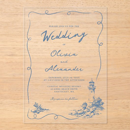 Coastal Hand Drawn Whimsical Lighthouse Wedding  アクリル招待状 (正面)
