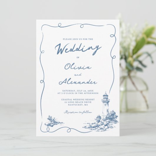 Coastal Hand Drawn Whimsical Lighthouse Wedding  招待状 (スタンド正面)