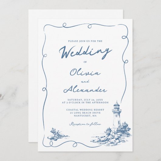 Coastal Hand Drawn Whimsical Lighthouse Wedding  招待状 (正面/裏面)