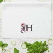 Coastal Holiday Santa Octopus Monogram  キッチンタオル (折り畳み)